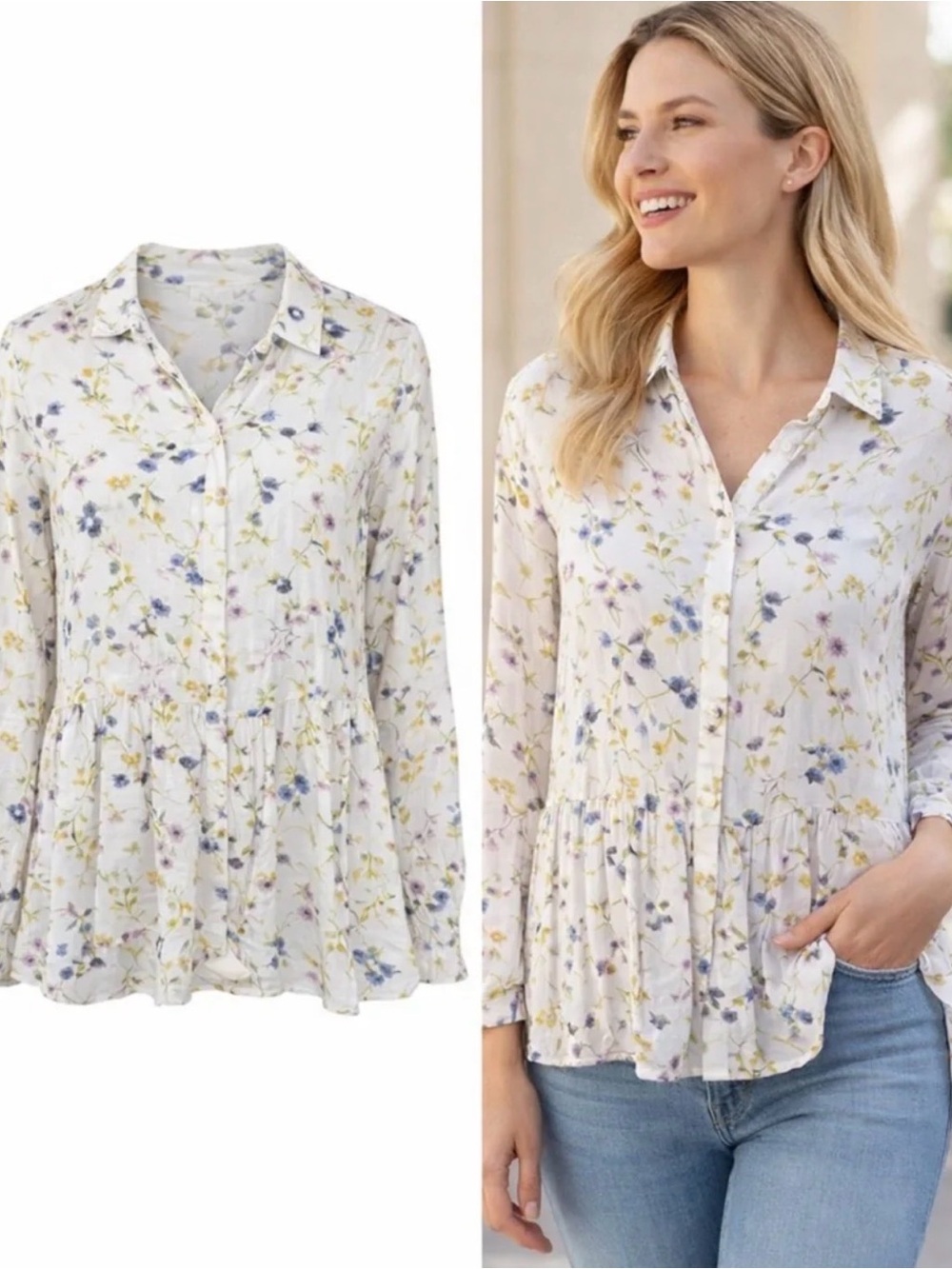 J Jill Ivory Floral Button-Front Peplum Blouse
